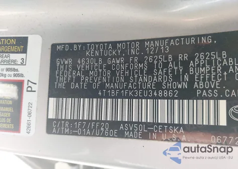 2014 Toyota Camry Se z USA, uszkodzony, nr VIN 4T1BF1FK3EU348862